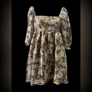 STORIA Babydoll Shimmer Puff Short Sleeve Floral Mini babydoll Dress Size Medium